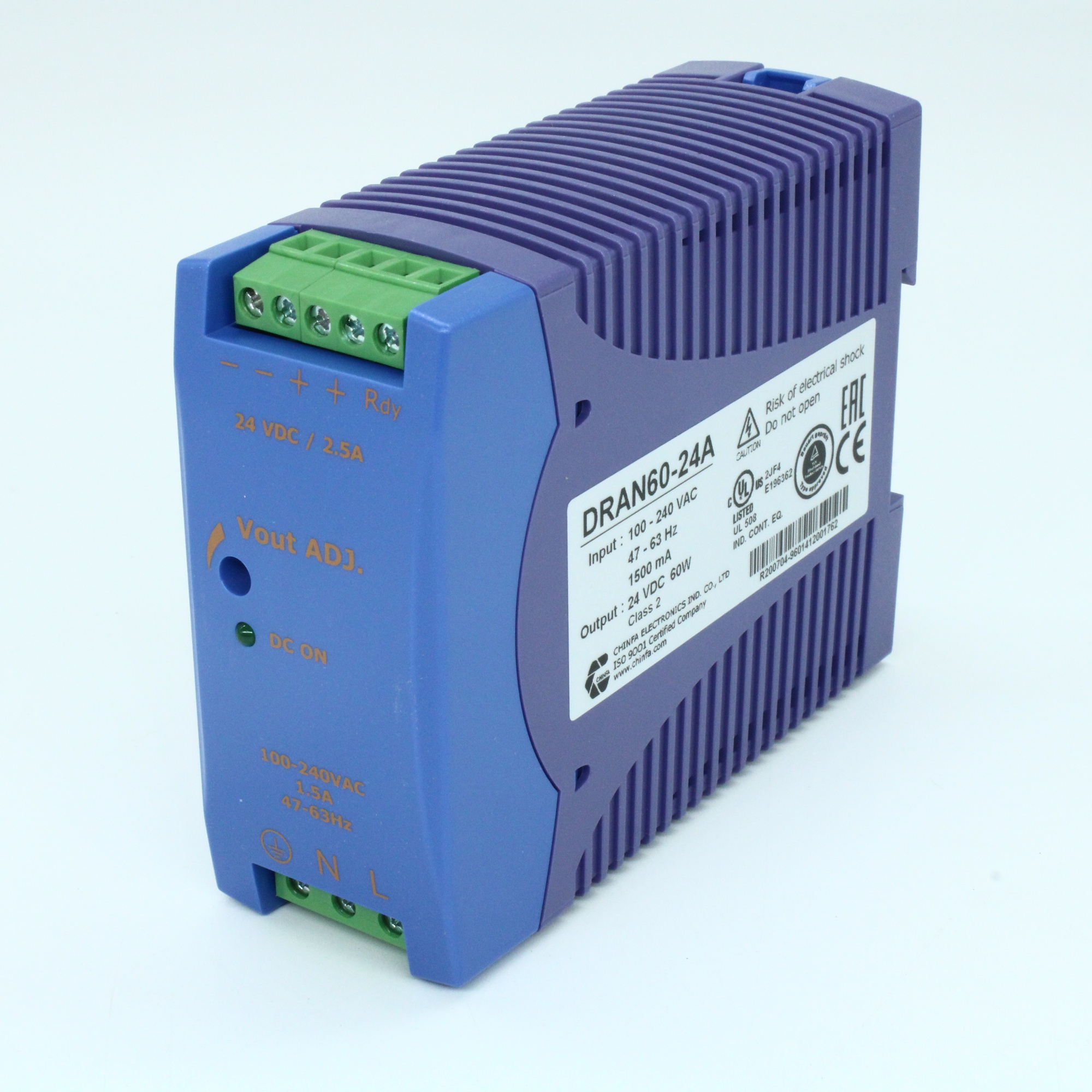 DRAN60-24A - Преобразователь AC-DC на DIN-рейку  60Вт, выход 24В/2.5A, рег. вых=+15%Uном, вход 90…265V AC, 47…63Гц / 120...370V DC , изоляция 3000V AC, : 115х90х41мм, винтовые клеммы, -40…+71°С