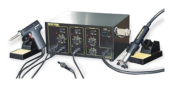 QUICK 702 ESD - Трехканальная ремонтная станция, паяльник 200°C-480°C, стабильность ±1°C, термофен 150°C-500°C компрессор