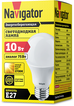 Лампа светодиодная 94 387 NLL-A60-10-230-2.7K-E27 10Вт грушевидная 2700К тепл. бел. E27 750лм 176-264В 94387