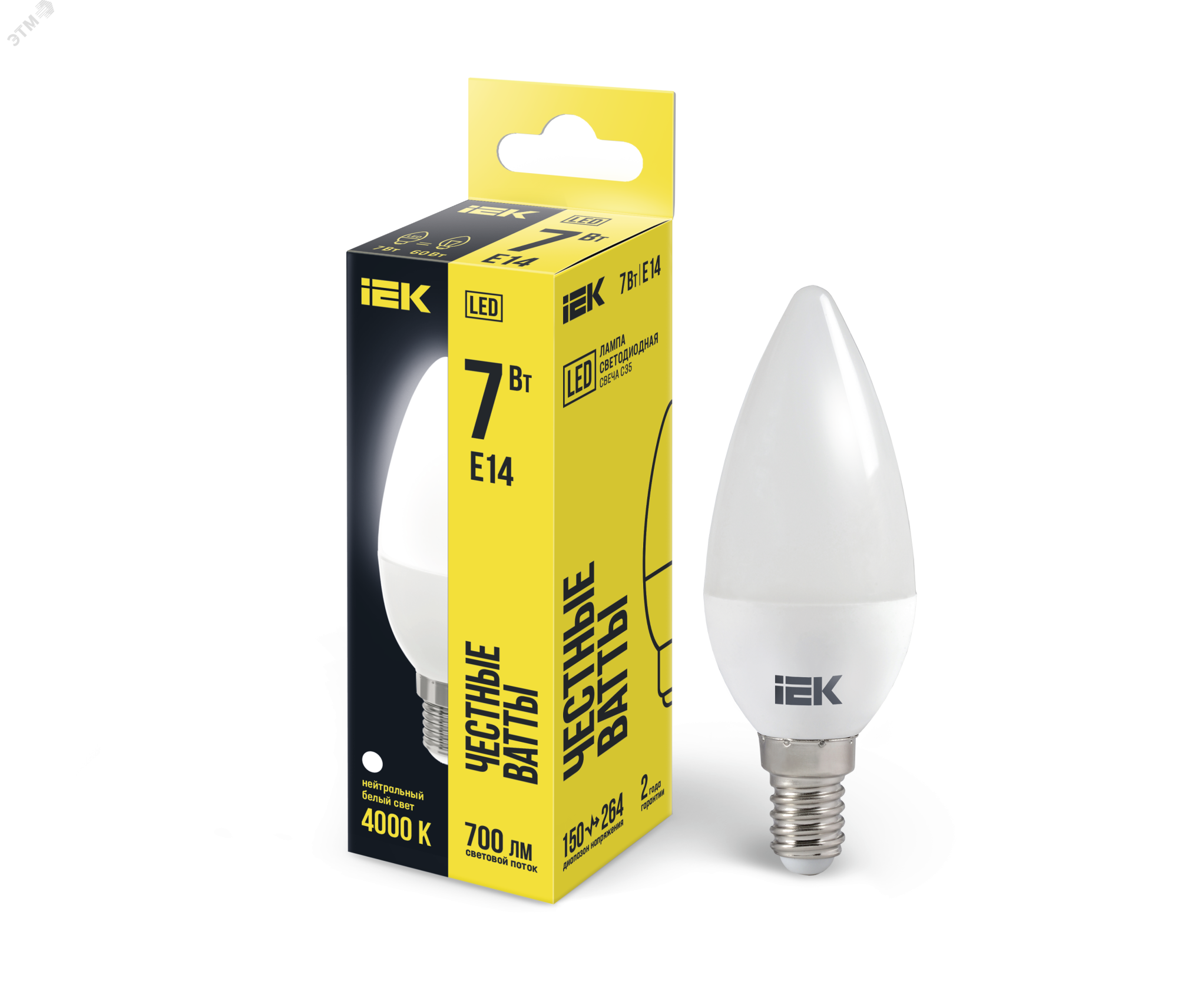 Лампа светодиодная Eco 7Вт C35 свеча 4000К нейтр. бел. E14 230В IEK LLE-C35-7-230-40-E14