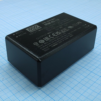 IRM-60-12 - AC-DC, 60Вт, вход 85...264В AC 47...440 Гц, выход 12В/5А, изоляция 3000В AC, в корпусе на плату 87x52x29.5мм, -30...+70°C