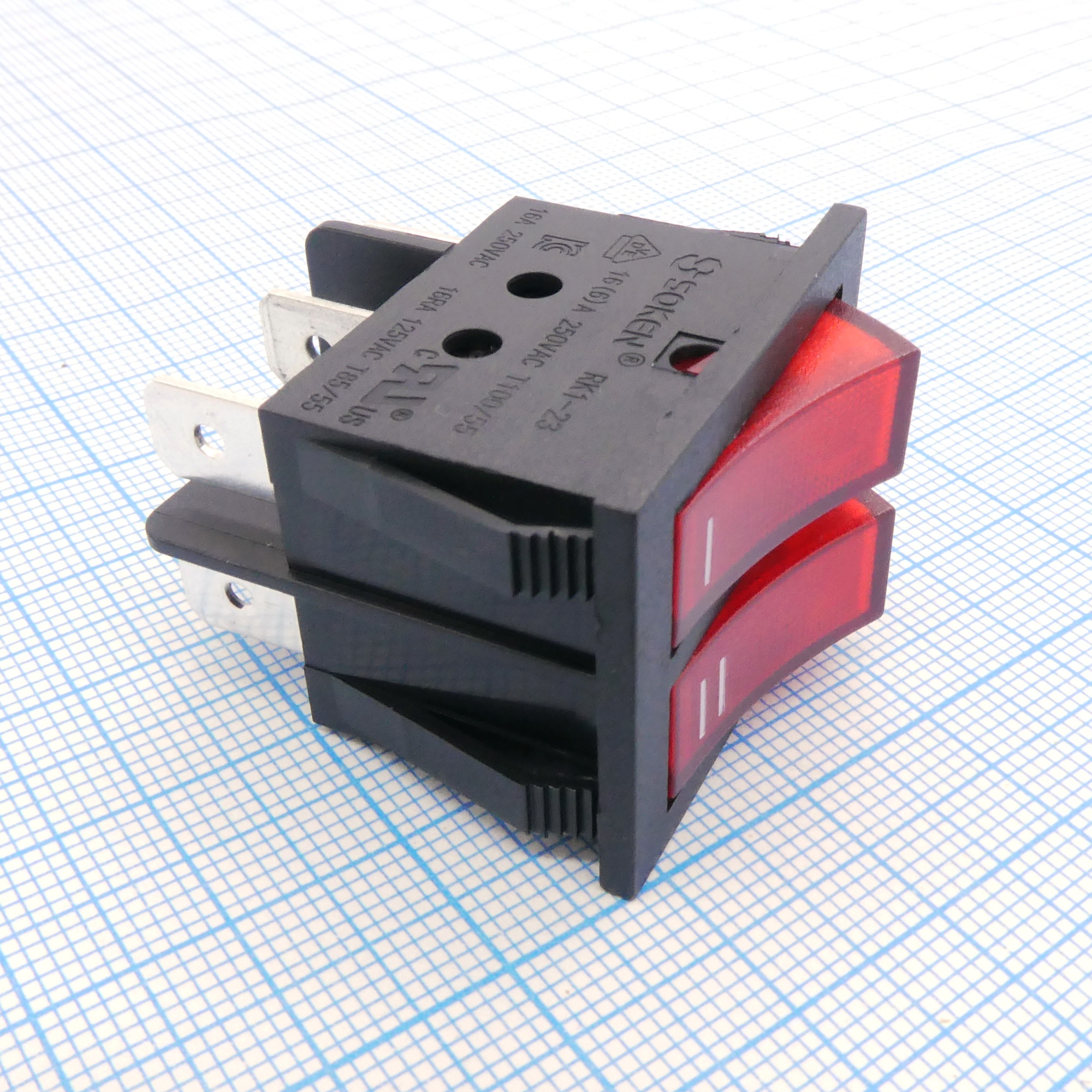 RK1-23AB 1X1X2N B/R"I,II" - Выключатель клавишный ON-OFF с подсветкой цвет корпуса (черный) цвет кнопки (красный)