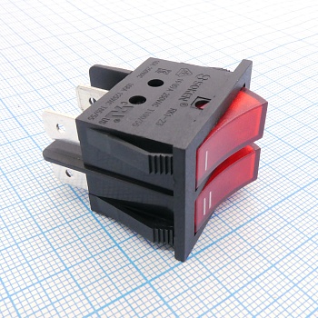 RK1-23AB 1X1X2N B/R"I,II" - Выключатель клавишный ON-OFF с подсветкой цвет корпуса (черный) цвет кнопки (красный)