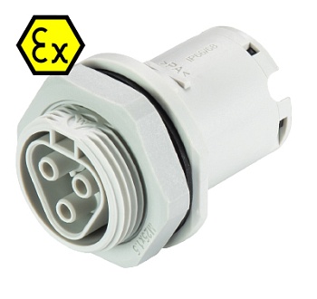 Разъем RST20I3FXB2 M01 GL - Взрывозащищенный розеточный разъем в панель, М25, IP68(69k), 3 полюса, пружинная фиксация провода, номинальные характеристики: 250/400V, 20A, цвет: белый, серия RST Ex