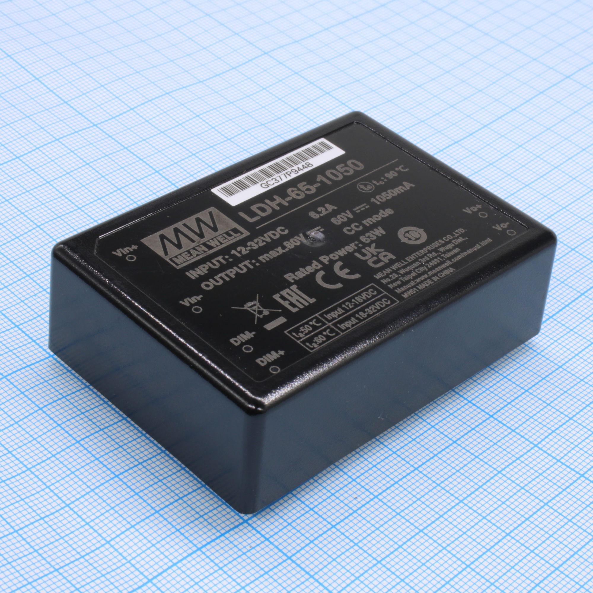 LDH-65-1050 - DC/DC LED повышающий, вход 9.5…32В, выход 12.5…60В/1.05А, КПД до 95.5%, DIMM, 75x53x22.7мм, DIP, -40…50/60°C, пластик