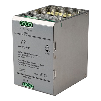 Блок питания ARV-DRP480-PFC-24 (24V, 20A, 480W) 040231 - Источник напряжения с гальванической развязкой для светодиодных изделий. Входное напряжение 100-240 VAC. Выходные параметры: 24 В, 20 А, 480 Вт. Негерметичный металлический корпус IP 20 для установк