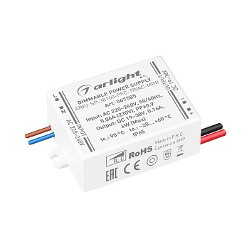 Блок питания ARPJ-SP-38160-PFC-TRIAC-MINI (6W, 19-38V, 160mA) 047585 - Диммируемый источник тока по стандарту TRIAC с гальванической развязкой для светильников и мощных светодиодов. Входное напряжение 220-240 VAC. Выходные параметры: 19-38 В, 160 mА, 6 Вт