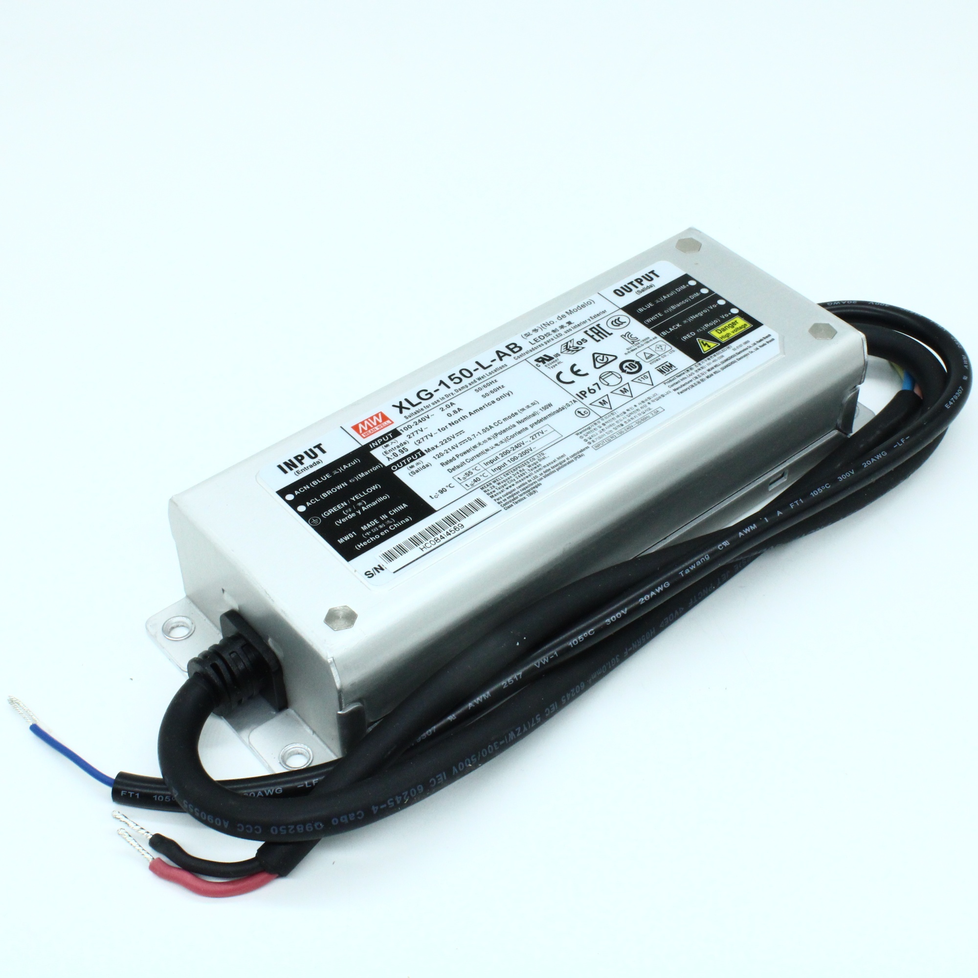 XLG-150-L-AB - AC-DC, 150Вт, стабилизатор тока, IP67, вход 90…305В AC, 47…63Гц, ККМ, выход 700…1050мА/120…214В (режим пост. мощности), изоляция 3750В AC, в кожухе 180х63х35.5мм, -40…+90°С (корпус), встр. потенциометр, димминг 3 в 1