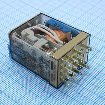 55.34.9.110.0040 - Миниатюрное универсальное электромеханическое реле; монтаж в розетку; 4CO 7A; контакты AgNi; катушка 110В DC; степень защиты RTI; опции: кнопка тест + мех.индикатор