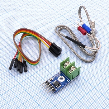 B05-Термопара+модуль АЦП на MAX6675 - Термопара К-типа; Напряжение питания: 3-5.5В; Диапазон измеряемых температур 0-1024С; 12-ти разрядное АЦП MAX6675, интерфейс SPI (0.25С); Обнаружение отсоединения термопары, компенсация холодного спая