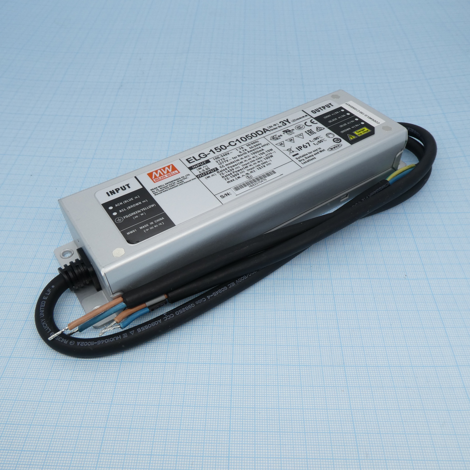 ELG-150-C1050DA-3Y - AC-DC, 150.2Вт, IP67, вход 100…305В AC, 47…63Гц/142…431В DC, ККМ, выход 72…143В/1050мА, DALI-димминг, изоляция 3750В AC, в кожухе 219х63х35.5, -40…+70°С, с проводом заземления