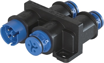 Разветвитель RST08i3VL3P1HF V BL - Распределительное устройство (тройник), 1 вход/3 выхода, IP68(69k), 3 полюса, параллельное соединение, с продольным уплотнением, с монтажными фланцами, цвет: голубой, номинальные характеристики: 250V/400V 16A, серия gesi