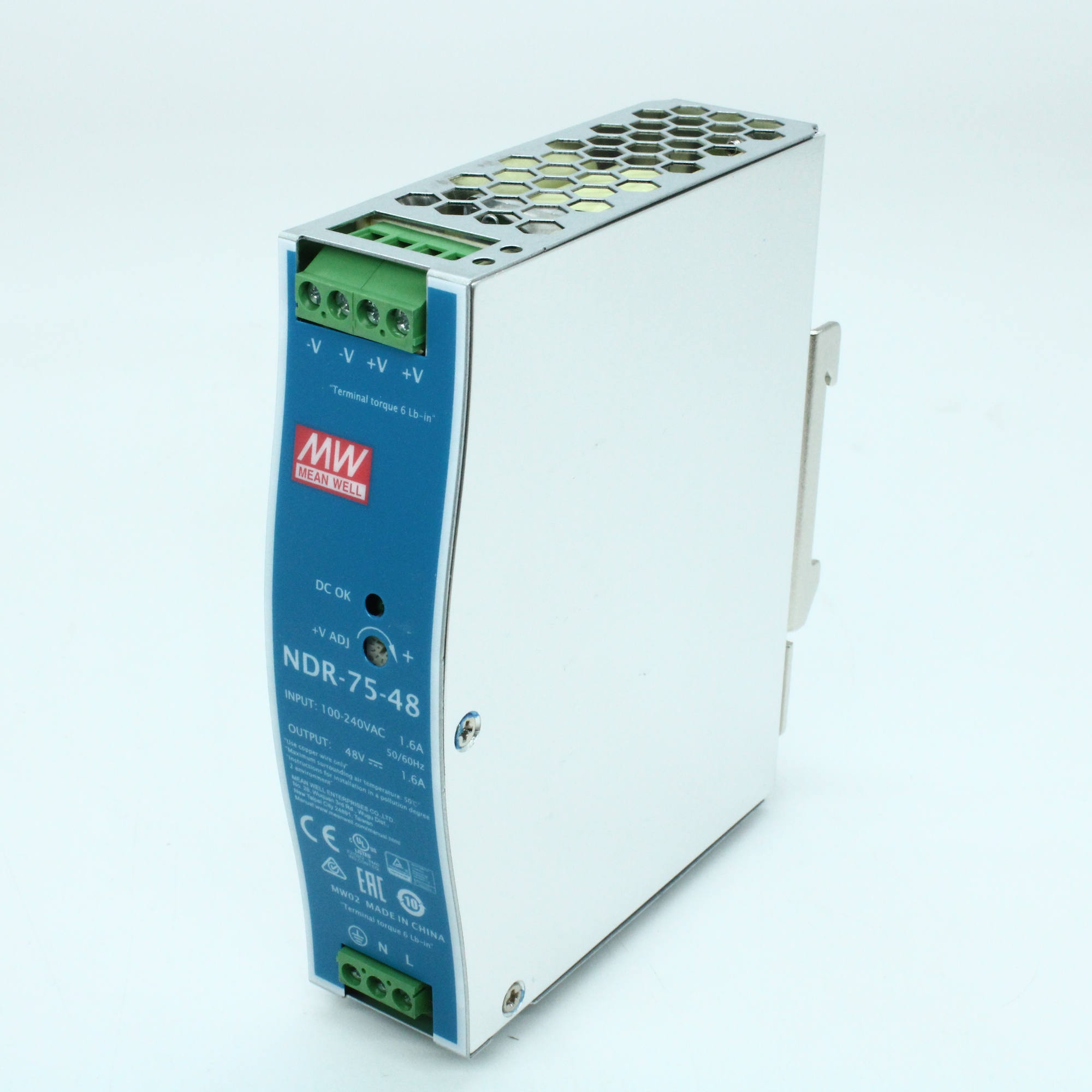 NDR-75-48 - Преобразователь AC-DC на DIN-рейку  77Вт, вход 90…264V AC, 47…63Гц /127…370В DC, выход 48В/1.6A, рег. вых 48…55В, изоляция 3000В AC, в кожухе  32х125.2х102мм, -20…+60°С