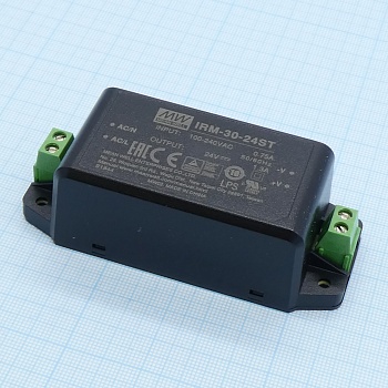 IRM-30-24ST - AC-DC, 31.2Вт, вход 85...264В AC 47...440 Гц, 120...370B DC, выход 24В/1.3А, изоляция 3000В AC, в корпусе на шасси, 91x39.5x28.5мм, -30...+70°C, винтовые зажимы