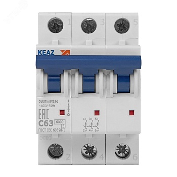 Выключатель автоматический модульный 3п C 63А 6кА OptiDin BM63-3C63-УХЛ3 КЭАЗ 260802