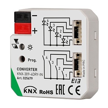 INTELLIGENT ARLIGHT Конвертер KNX-309-4DRY-IN (BUS) 025679 - Конвертер KNX 4-х канальный, тип входа "сухой контакт" - для любых типов панелей, датчиков и т.п. с бинарным выходом. Установка в подрозетник. Питание DC 21-30V от шины данных. 4 выхода на индик