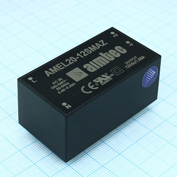 AMEL20-12SMAZ - AC/DC, 20Вт, вход 90…264В, выход 12В/1.66А, изоляция 4000В AC, КПД 80%, максимальная емкостная нагрузка не более 3300мкФ, 56.48x30.48x25.1мм, -40…70°C, пластик