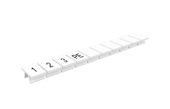 Маркировка  306801/1,2,3,PE - Маркировочные шильдики для клемм TU/TP/TC, сечением 10 мм кв., 10 шильдиков, нанесенные символы: 1,2,3,PE, с горизонтальным, расположением, цвет белый