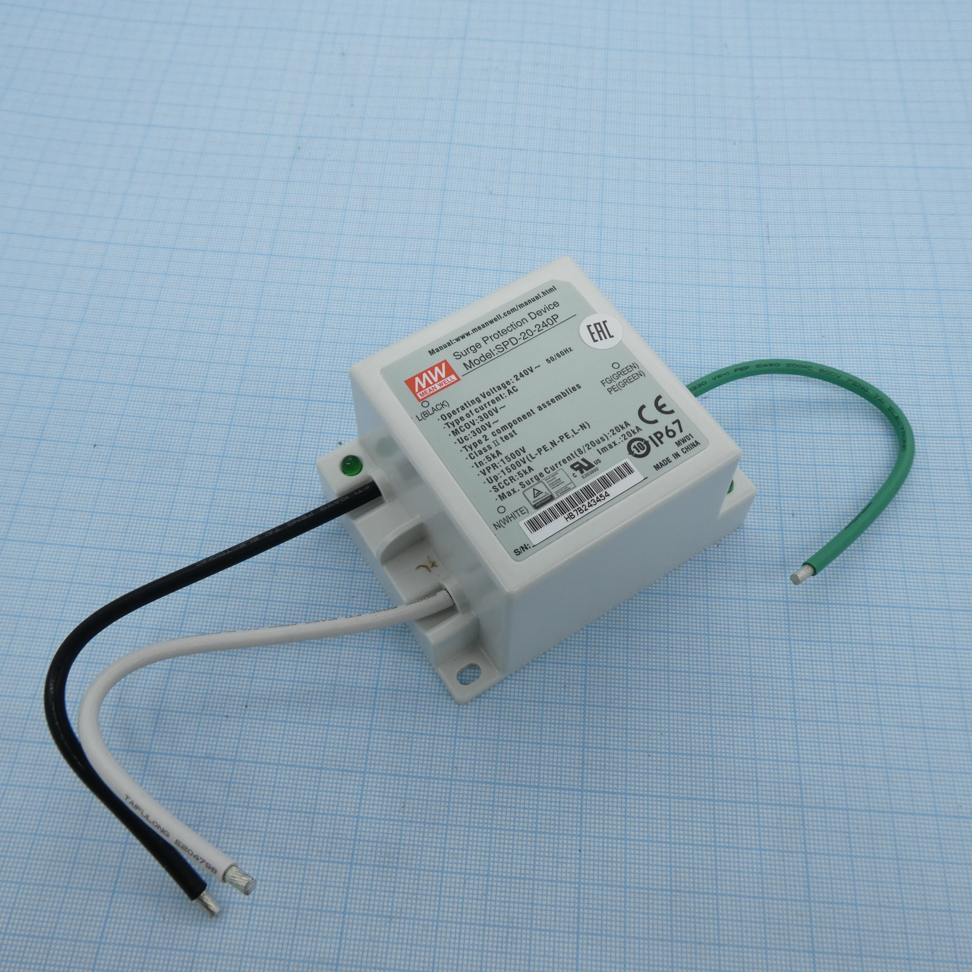 SPD-20-240P - Устройство защиты от импульсных помех, рабочее напряжение 240В AC, 50/60Гц, макс. непрерывное рабочее напряжение 300 В AC, макс. имп. ток 20 кА, уровень напряжения защиты 1500 В, в корпусе 90x70x50мм, IP67, -40…+70°С