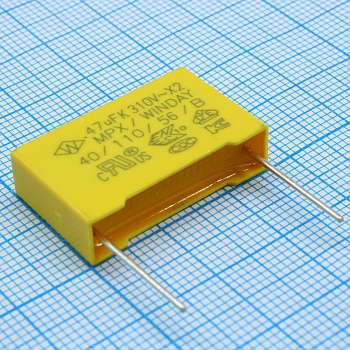 SMXVG474KE2XXAB2315 - Пленочный конденсатор X2, 310VAC,  0.47мкФ ± 10%, размер 26.5 х 7 х 16,5 мм, Р=22.5 мм, +110°C