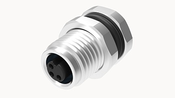 Розеточный разъем SP-M5A-03P-FF-SF7002 - Розеточный разъем в панель,3 полюса,M5 гайка спереди, монтаж на плату, 180 град., A-Code, 1A, 60V, M5*0.5, металл