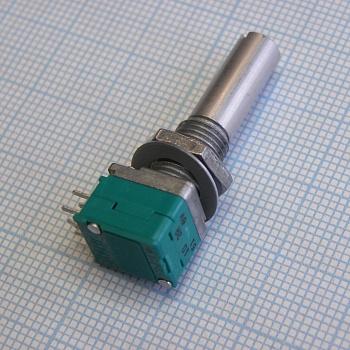 RK09712200JB - Перем. резистор серии RK097 сдвоенный, 10ком, 0.05W обратно-логарифм. хар-ка, метал. вал со шлицом 25мм ф6мм, крепление на гайку 7мм