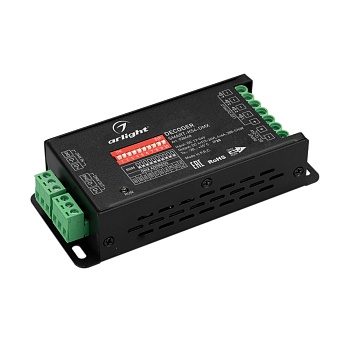 Декодер SMART-K54-DMX (12-24V, 4x6A) 028448 - Декодер DMX512 для трансляции DMX512 сигнала ШИМ(PWM) устройствам. Питание 12-24VDC. 4 канала, ток нагрузки 4x6A, мощность нагрузки 288-576W. Входной сигнал DMX512, выходной сигнал ШИМ(PWM). Входные порты: тер