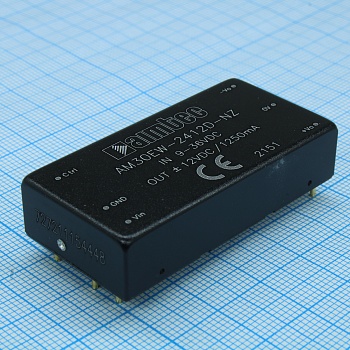 AM30EW-2412D-NZ - DC/DC преобразователь 30 Вт  вход 9~36В  двуполярный выход -12В12В  ±1.25А   -40~80 ?C, дерейтинг при 50 ?C1500VDC 1500VDC   MTBF 1000000 часов  КПД 89 %  ёмк. нагрузка макс.1250 мкФ  корпус 2x1, алюминиевый сплав  установка на печатную 