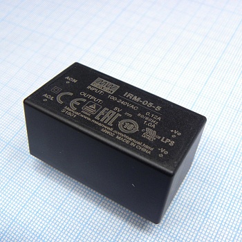 IRM-05-5 - AC-DC, 5 Вт, вход 85...264В AC 47...440 Гц, 120...370B DC, выход 5В/1А, изоляция 3000В AC, в корпусе на плату 45.7х25.4х21.5мм, -30...+70°C