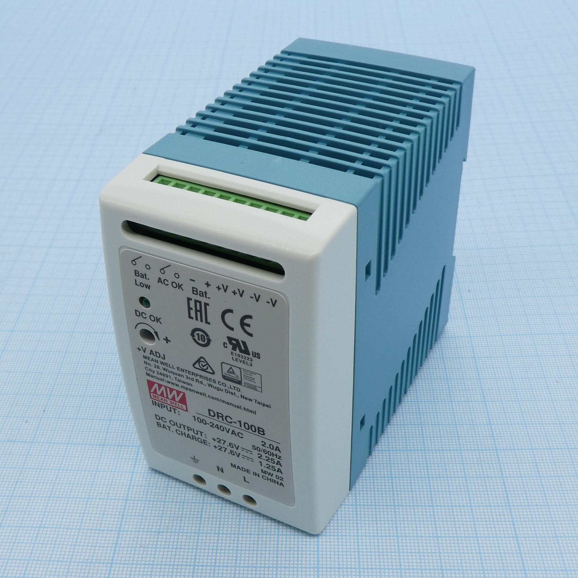 DRC-100B - AC-DC с функцией UPS, 100Вт, вход 90...264В АС/127...370В DC, выход 1: 27.6В/0…3.5 (2.25 ном.) А, выход зарядного устройства 27.6В/1.25А, изоляция 3000В АС, в корпусе 55х90х100мм, -30...+70°С