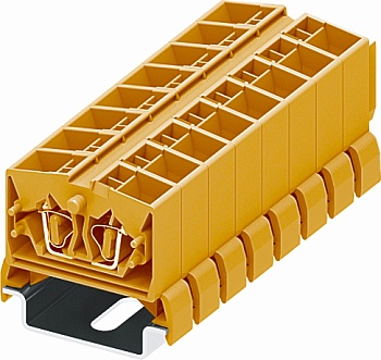 Клемма мини 254382 - Мини клемма, верхний подвод кабеля, 4 точки подключения в клемме, тип фиксации провода: пружинный, номинальное сечение: 2,5 мм кв., 24A, 800V, цвет: оранжевый, тип монтажа: DIN35