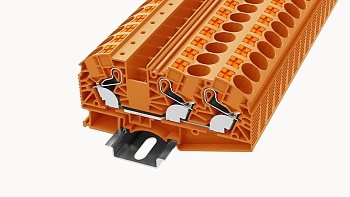 Проходная клемма DS16-TW-01P-15 - Проходная клемма, 3 точки подключения, тип фиксации провода: Push-in, номинальное сечение: 16 мм кв.,  76A, 1000V, ширина: 12,2 мм, цвет: оранжевый, втычная перемычка, тип монтажа:  DIN35