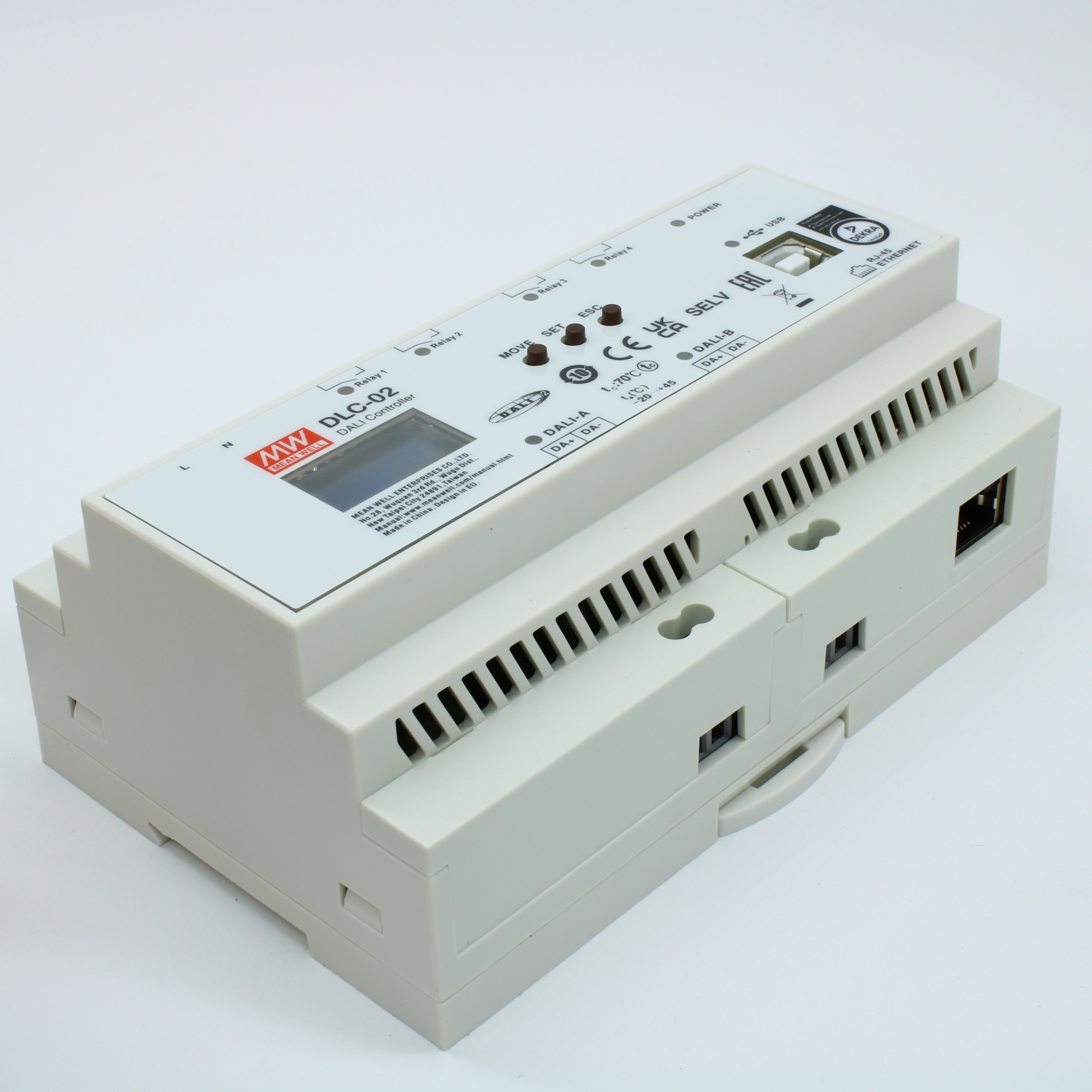 DLC-02 - AC-DC, 8Вт, контроллер DALI-2, вход 100…305ВAC 47…63Гц/140…430В DC, выход 2х16В/0.24А - питание двух шин DALI, 144х90х58.3мм, на DIN-рейку, -25...+45°C, 4 встр. реле