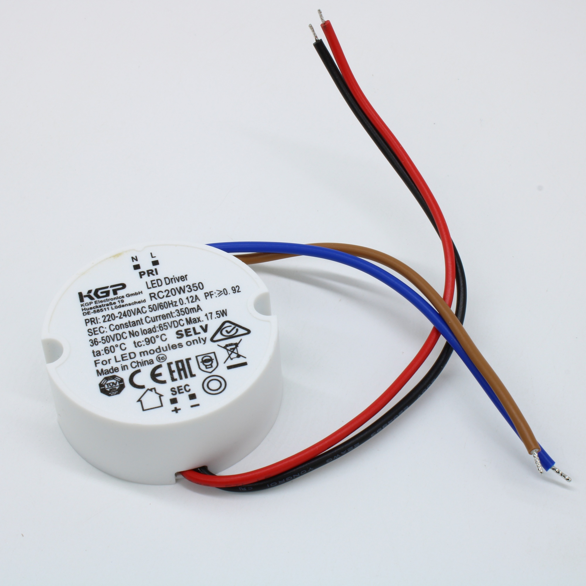 RC20W350 - AC-DC, 20Вт, токовый выход, вход 198…264В AC, выход 350мА/36…50В, ККМ, в кожухе Ф50х21мм, -20…+60°С