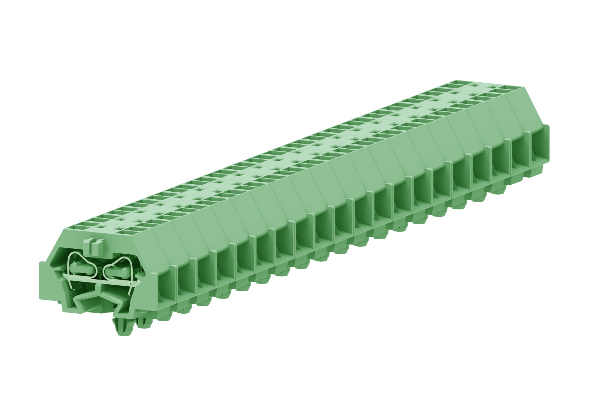 Клемма мини 240346 - Мини клемма, боковой подвод кабеля, 4 точки подключения в клемме, тип фиксации провода: пружинный, номинальное сечение: 1,5 мм кв., 18A, 400V, цвет: зеленый, тип монтажа: защелки в панель