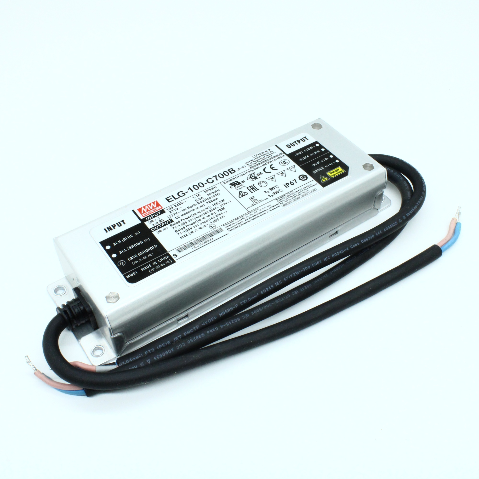 ELG-100-C700B - AC-DC, 100.1Вт, IP67, вход 100…305В AC, 47…63Гц/142…431В DC, ККМ, выход 71…143В/700мА, изоляция 3750В AC, в кожухе 199х63х35.5, -40…+70°С, димминг 3 в 1