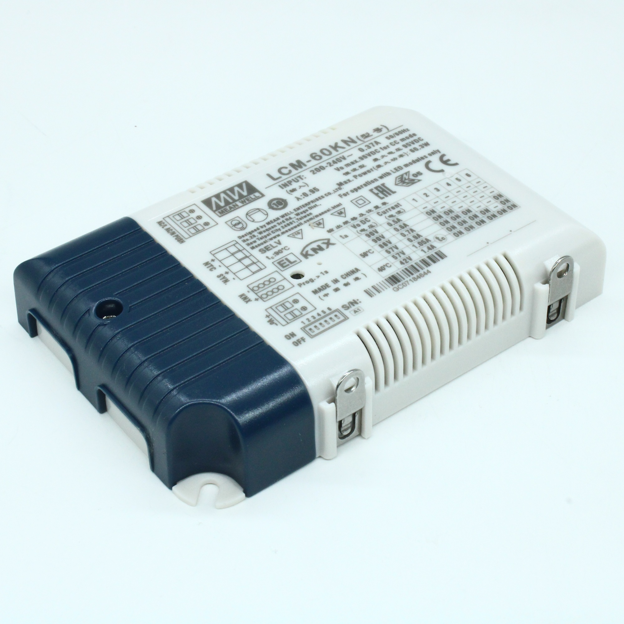 LCM-60KN - AC-DC, 60Вт, стабилизатор тока, вход 180…295В AC, 47…63Гц /254…417В DC, выход 500…1400мA/2…90В, ККМ, изоляция 3750В AC, в кожухе 123.5х81.5х23мм, -30…+60°С, KNX