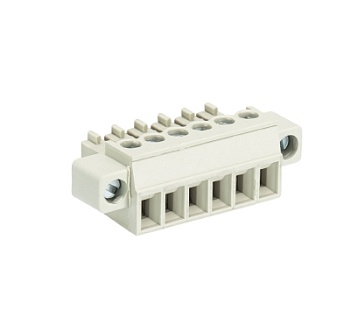 Розетка Wiecon 8513 B / 6 F OB - Розеточный разъем, угловой, на кабель, с монтажными фланцами, шаг 3,5 мм, 6 полюсов, номинальное сечение: 1,5 мм кв., винтовая фиксация провода, 250V, 8А, без маркировки, цвет: серый, серия 8513 B