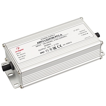 Блок питания ARPV-LG24100-PFC-A (24V, 4.17A, 100W) 030013 - Источник напряжения с гальванической развязкой для светодиодных изделий. Входное напряжение 100-240 VAC. Выходные параметры: 24 В, 4.17 А, 100 Вт. Встроенный PFC >0.95. Герметичный алюминиевый ко