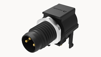 Вилочный разъем SR-M8A-04P-MM-SF7005 - Вилочный разъем для монтажа на печатную плату, 4 полюса,M8, угол 90 град., фиксация провода пайкой, A-Code, 3А, 60V, M8*1, пластик