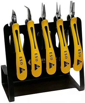 3-650-V - Набор из 5 инструментов с антистатическим жестким пластиковым покрытием ручек: бокорезы 3-601-13(15), плоскогубцы 3-632-13(15), щипцы-круглогубцы 3-633-13(15), конические круглогубцы 3-631-13(15), изогнутые щипцы 3-634-13(15)