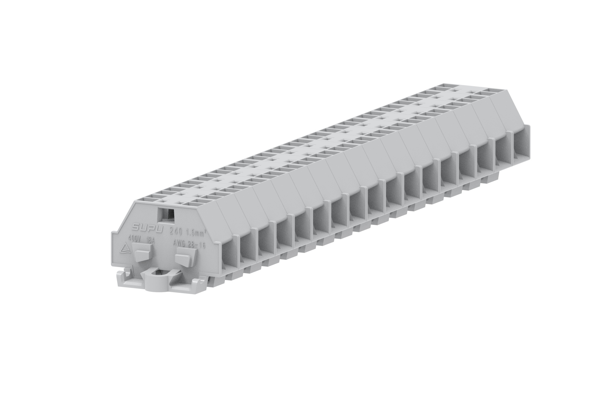 Клемма мини 240333 - Мини клемма, боковой подвод кабеля, 4 точки подключения в клемме, тип фиксации провода: пружинный, номинальное сечение: 1,5 мм кв., 18A, 400V, цвет: светло-серый, тип монтажа: монтажные фланцы