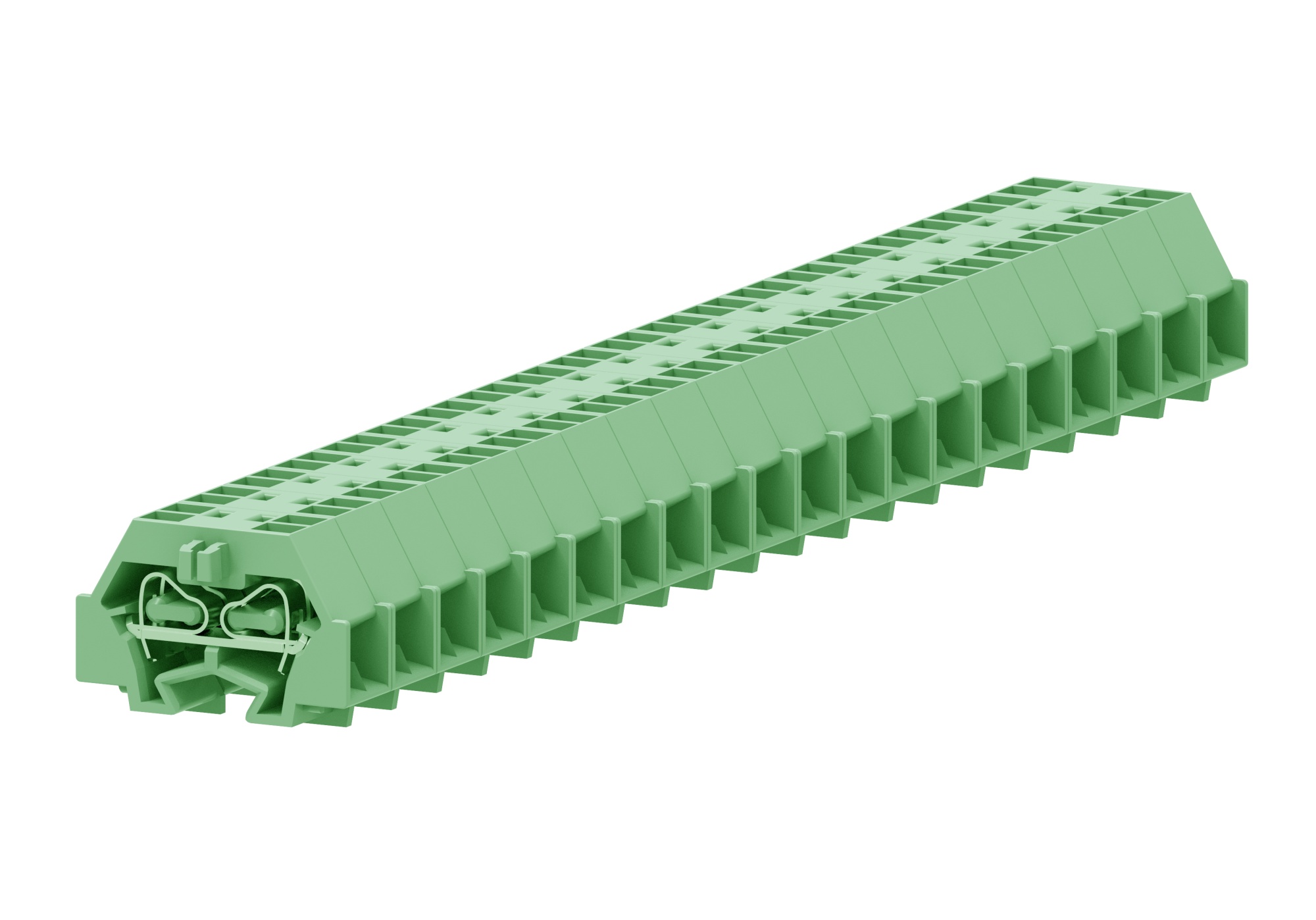 Клемма мини 240356 - Мини клемма, боковой подвод кабеля, 4 точки подключения в клемме, тип фиксации провода: пружинный, номинальное сечение: 1,5 мм кв., 18A, 400V, цвет: зеленый, тип монтажа: DIN15