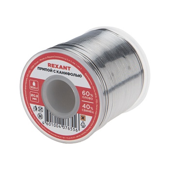 Припой с канифолью ПОС-60 500г,0.8мм - Припой трубчатый с канифолью REXANT, 500 г, d0.8 мм, (олово 60%, свинец 40%), катушка