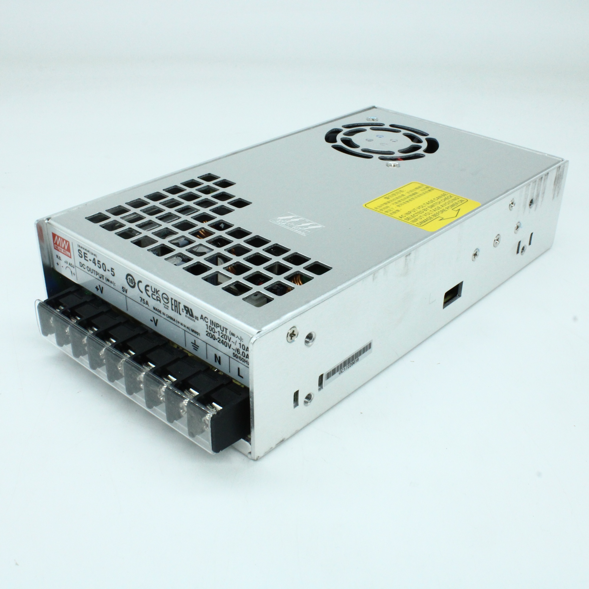 SE-450-5 - AC-DC, 375Вт, вход 180...264VAC, 47...63Гц / 254...370VDC, выход 5В/75A, рег. вых 4.5...5.5В, изоляция 3000В AC, в кожухе 225x124х50мм, -10…+60°С