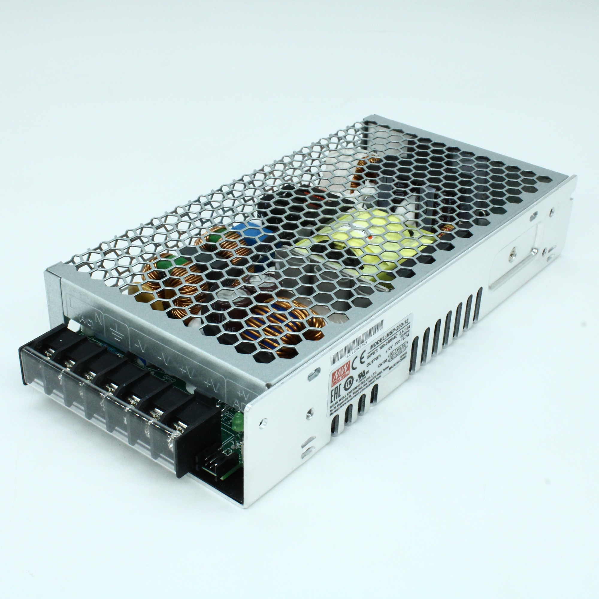 MSP-200-12 - AC-DC, med, ККМ, 200.4Вт, вход 85…264В AC, 47…63Гц /120…370В DC, выход 12В/16.7A,  рег. вых 10.2…13.8В, изоляция 4000В AC, в кожухе 199х98х38мм, -40…+70°С, доп. выход 5В/0.3А