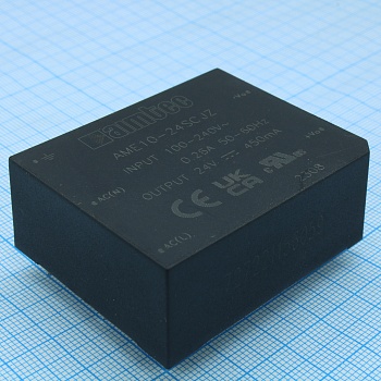 AME10-12SCJZ - AC/DC, 10Вт, вход 85…264В, выход 12В/0.9А, изоляция 3000В AC, КПД 80%, максимальная емкостная нагрузка не более 2400мкФ, 55x45x21мм, -25…70°C, пластик