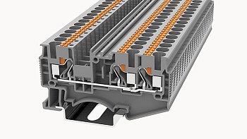 Проходная клемма DS4-TW-01P-11 - Проходная клемма, 3 точки подключения, тип фиксации провода: Push-in, номинальное сечение: 4 мм кв., 32A, 800V, ширина: 6,2 мм, цвет: серый, втычная перемычка, тип монтажа: DIN35