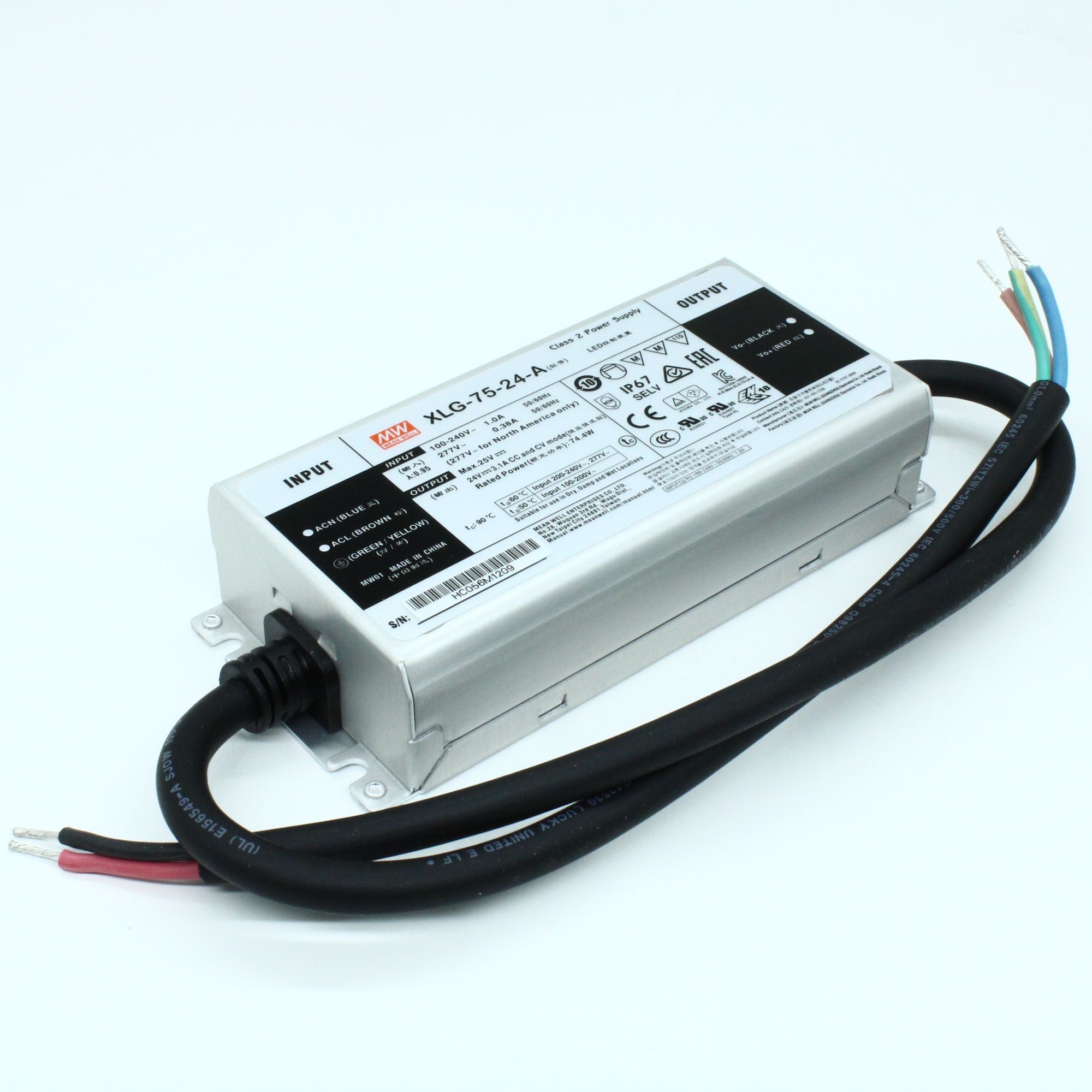 XLG-75-24-A - AC-DC, 74.4Вт, IP67, вход 100…305В AC, 47…63Гц, ККМ, выход 3.1А/16.8…24В, изоляция 3750В AC, в кожухе 140х63х32мм, -40…+90°С (корпус), встр. потенциометр