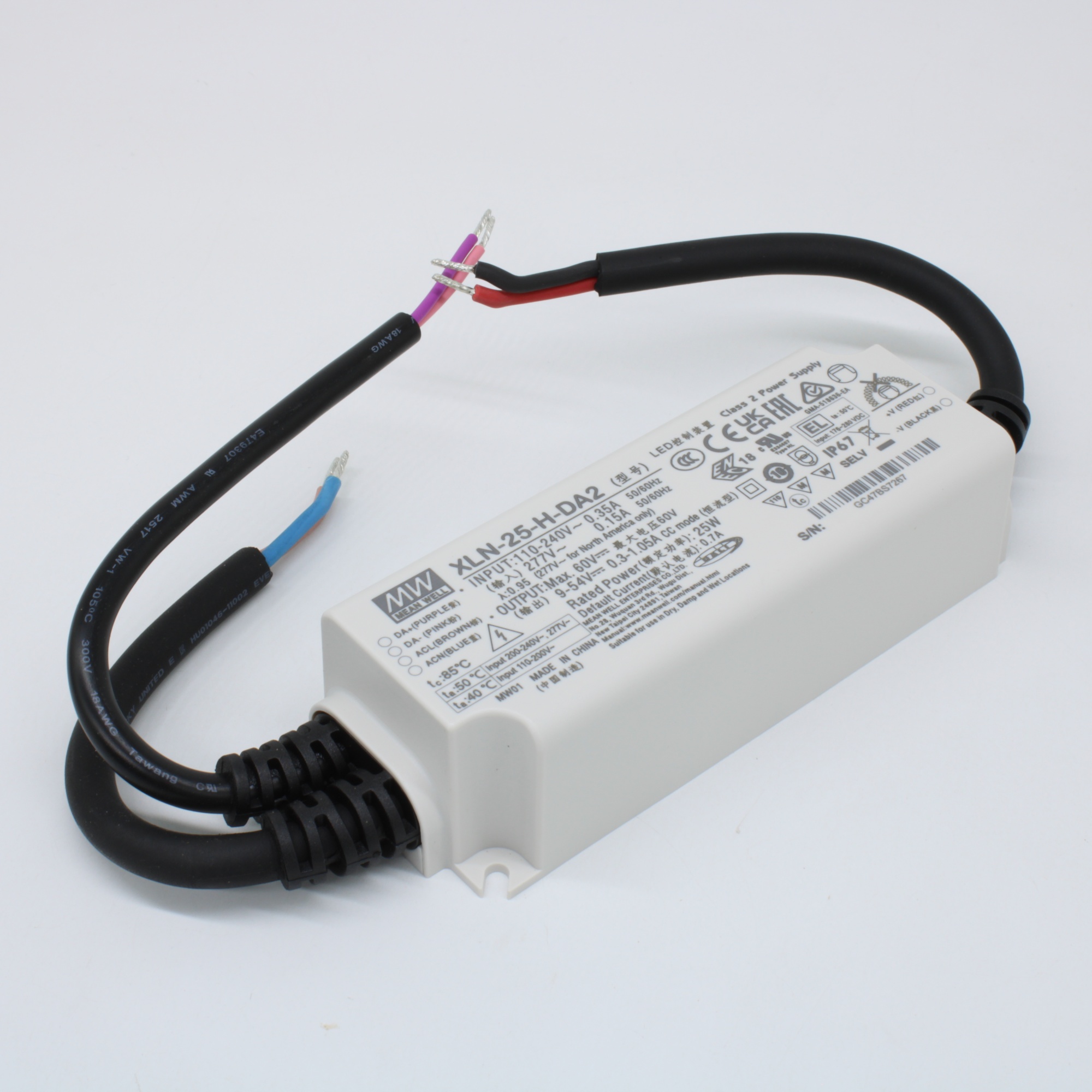 XLN-25-H-DA2 - AC-DC LED-драйвер, CC, 25Вт, вход 100…305В AC, 47…63Гц, выход 700 (300…1050/NFC)мА/9…54В, изоляция 3750В AC, димминг 3 в 1, IP67, 114х44х32мм, -25…+85°С